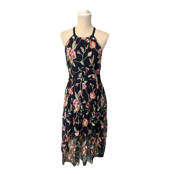 Vince Camuto Floral Embroidered Mesh Halter Neck Midi Dress - Picture 1 of 15